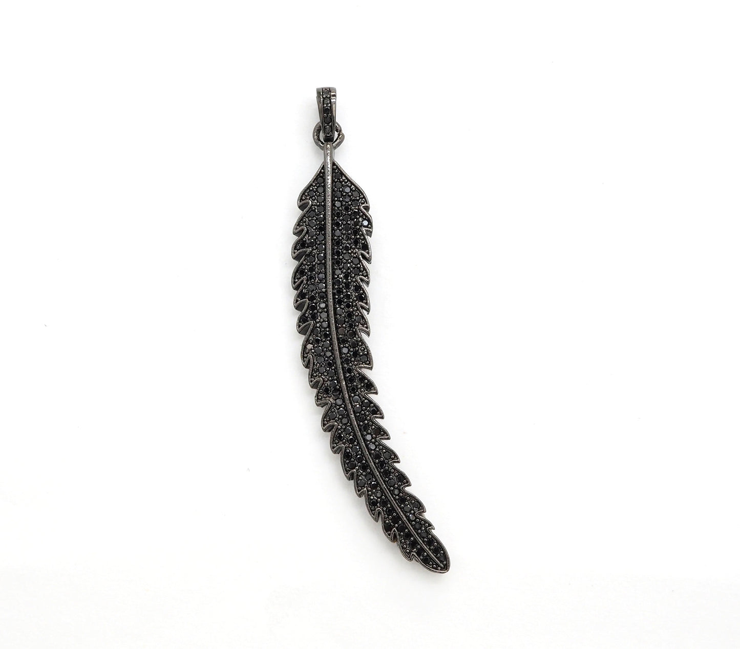 Black CZ Pave On Black Micro Pave LONG Feather/Leaf Pendant/Charm,Cubic Zirconia Pendant,Fashion Jewelry Findings, 11x61mm, sku#F534