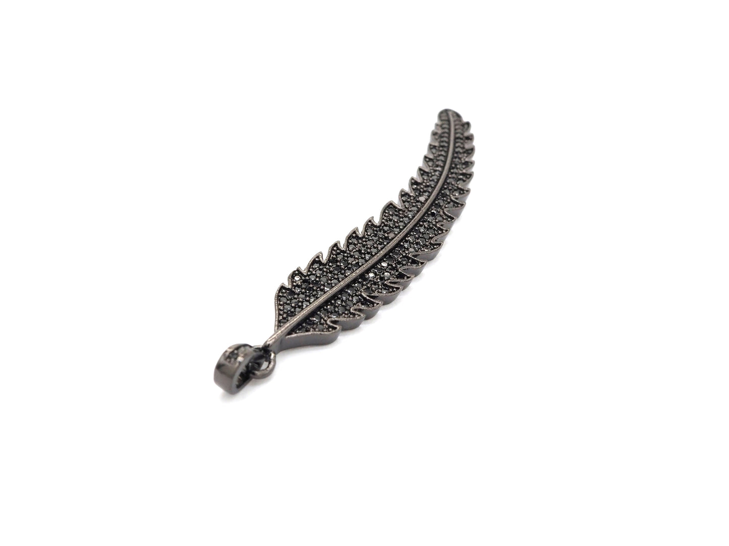 Black CZ Pave On Black Micro Pave LONG Feather/Leaf Pendant/Charm,Cubic Zirconia Pendant,Fashion Jewelry Findings, 11x61mm, sku#F534