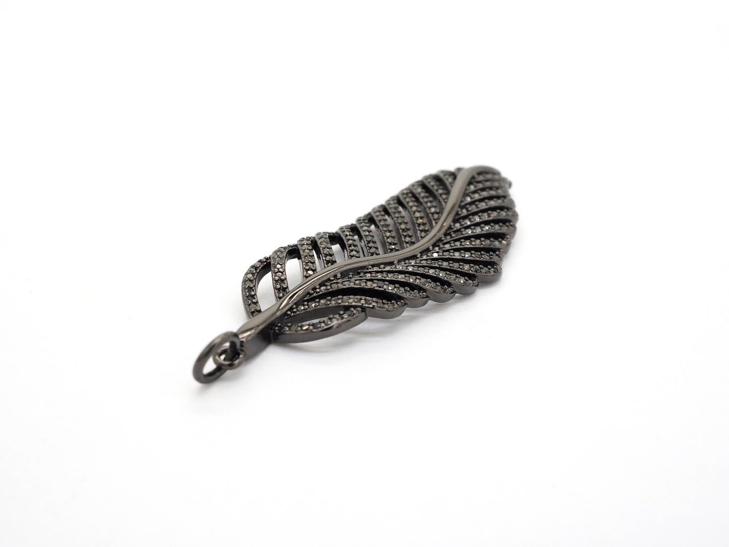 Black CZ Pave On Black Micro Pave Feather/Leaf Pendant/Charm,Cubic Zirconia Pendant,Fashion Jewelry Findings, 19x57mm, sku#F535