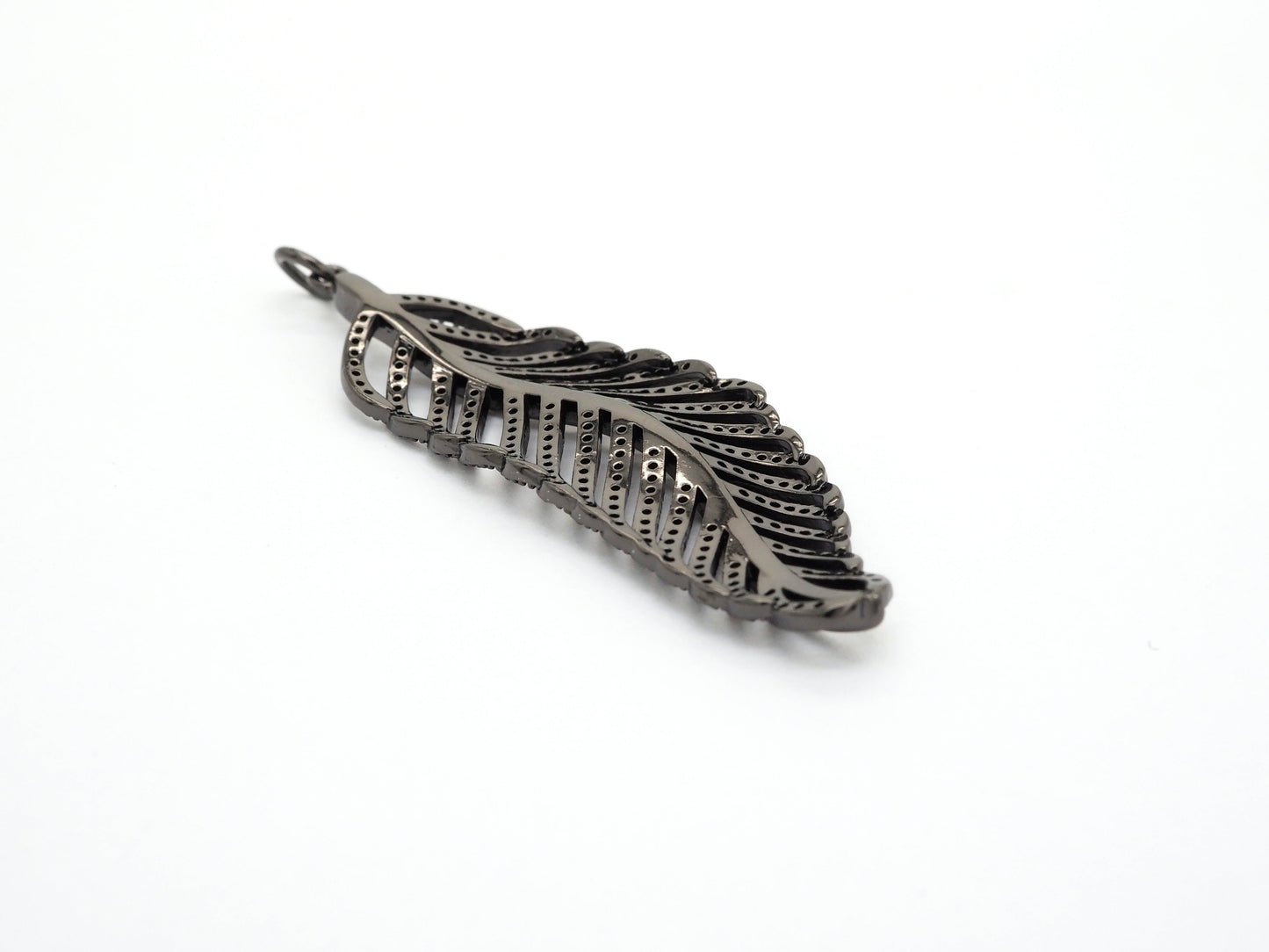 Black CZ Pave On Black Micro Pave Feather/Leaf Pendant/Charm,Cubic Zirconia Pendant,Fashion Jewelry Findings, 19x57mm, sku#F535