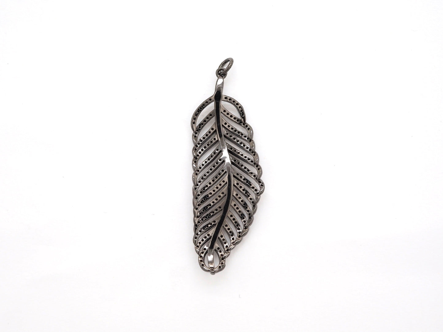 Black CZ Pave On Black Micro Pave Feather/Leaf Pendant/Charm,Cubic Zirconia Pendant,Fashion Jewelry Findings, 19x57mm, sku#F535