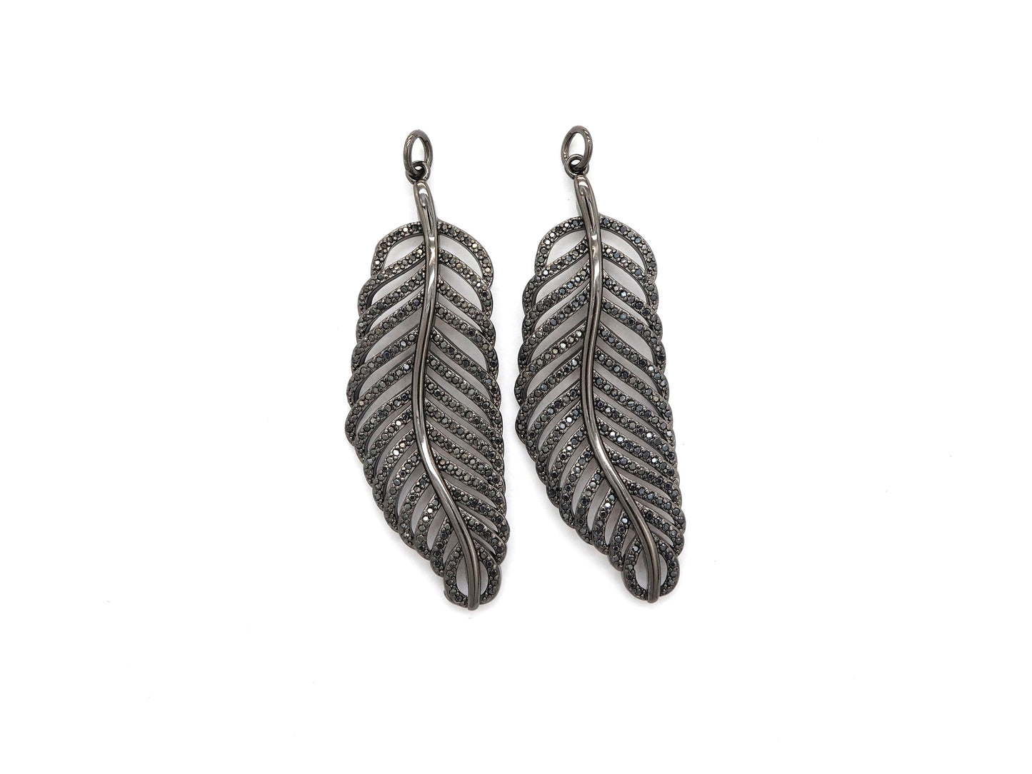 Black CZ Pave On Black Micro Pave Feather/Leaf Pendant/Charm,Cubic Zirconia Pendant,Fashion Jewelry Findings, 19x57mm, sku#F535