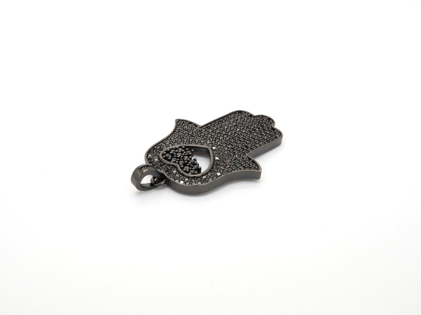 Black CZ Pave On Black Micro Pave Hamsa Hand with Heart Pendant/Charm,Cubic Zirconia Pendant,Fashion Jewelry Findings, 27x35mm, sku#F539