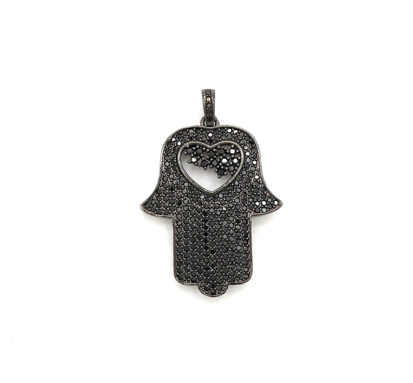 Black CZ Pave On Black Micro Pave Hamsa Hand with Heart Pendant/Charm,Cubic Zirconia Pendant,Fashion Jewelry Findings, 27x35mm, sku#F539