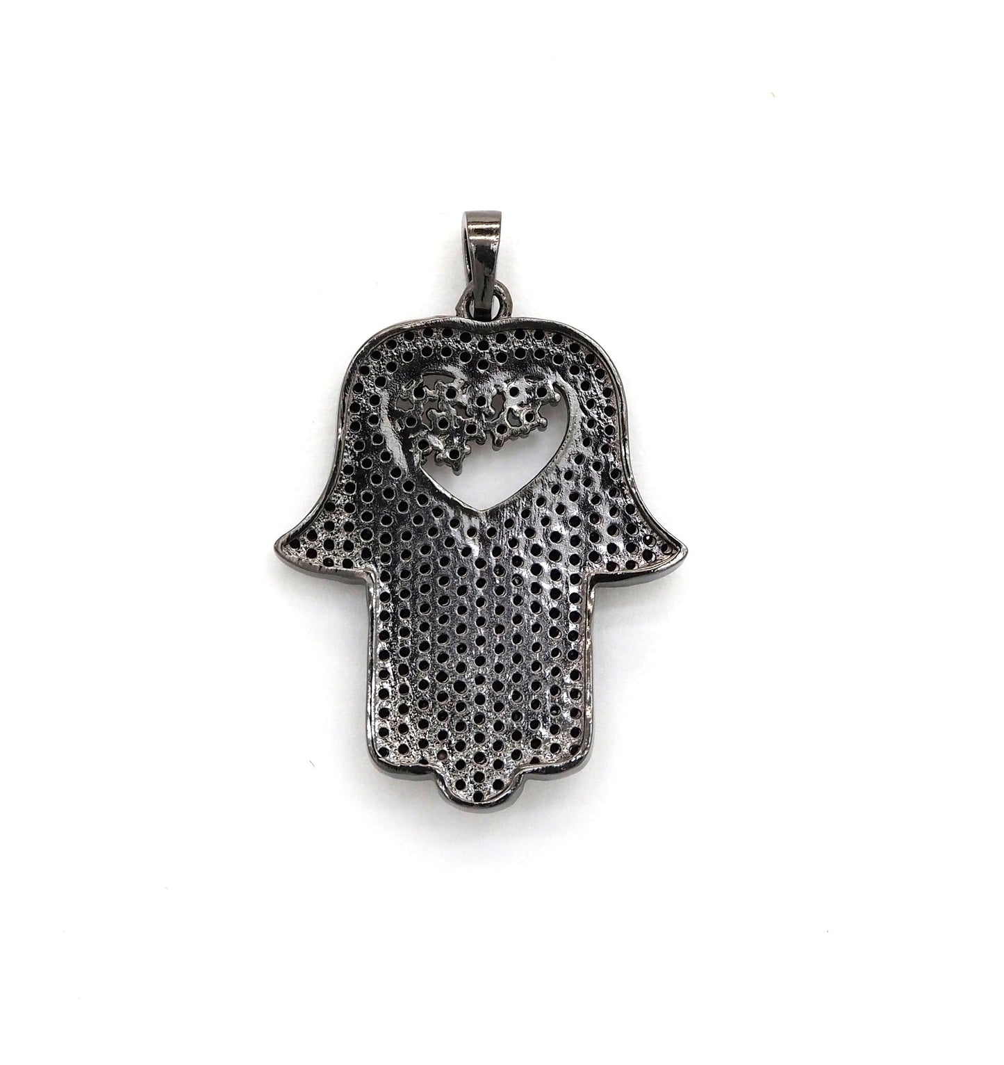 Black CZ Pave On Black Micro Pave Hamsa Hand with Heart Pendant/Charm,Cubic Zirconia Pendant,Fashion Jewelry Findings, 27x35mm, sku#F539