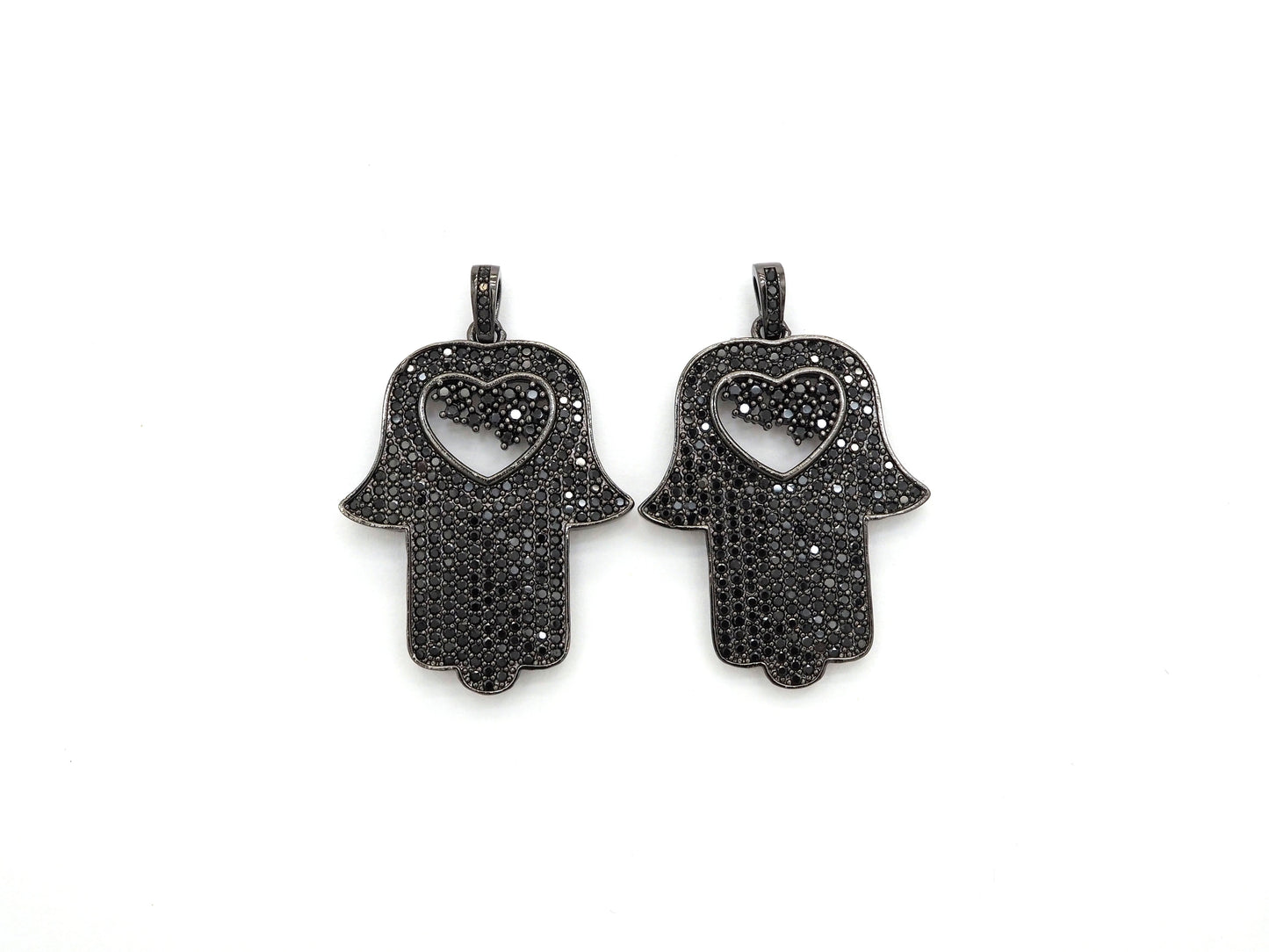 Black CZ Pave On Black Micro Pave Hamsa Hand with Heart Pendant/Charm,Cubic Zirconia Pendant,Fashion Jewelry Findings, 27x35mm, sku#F539