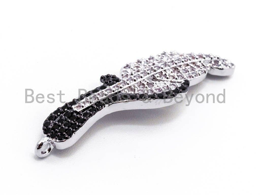 Dual Color Plated, CZ Micro Pave Leaf/Feather Pendant, Cubic Zirconia Pendant, 10x36mm, 1pc, SKU#F350