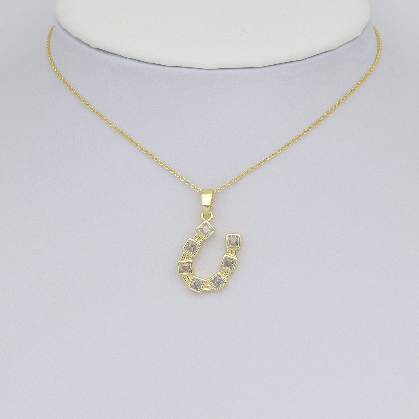 Clear Square CZ Gold horseshoe Shape Charm Pendant, Sku#LX760