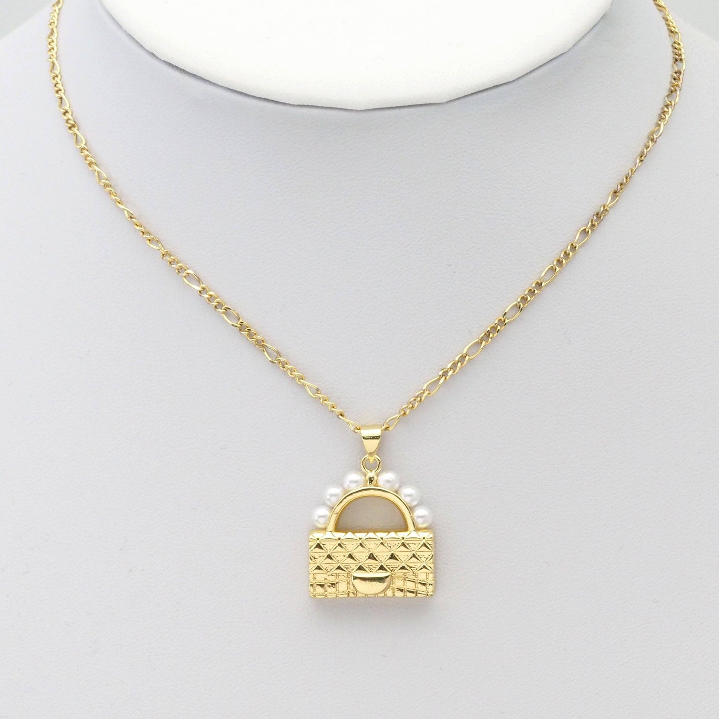 Clear CZ Gold White Pearl Purse Charm, Sku#LK819
