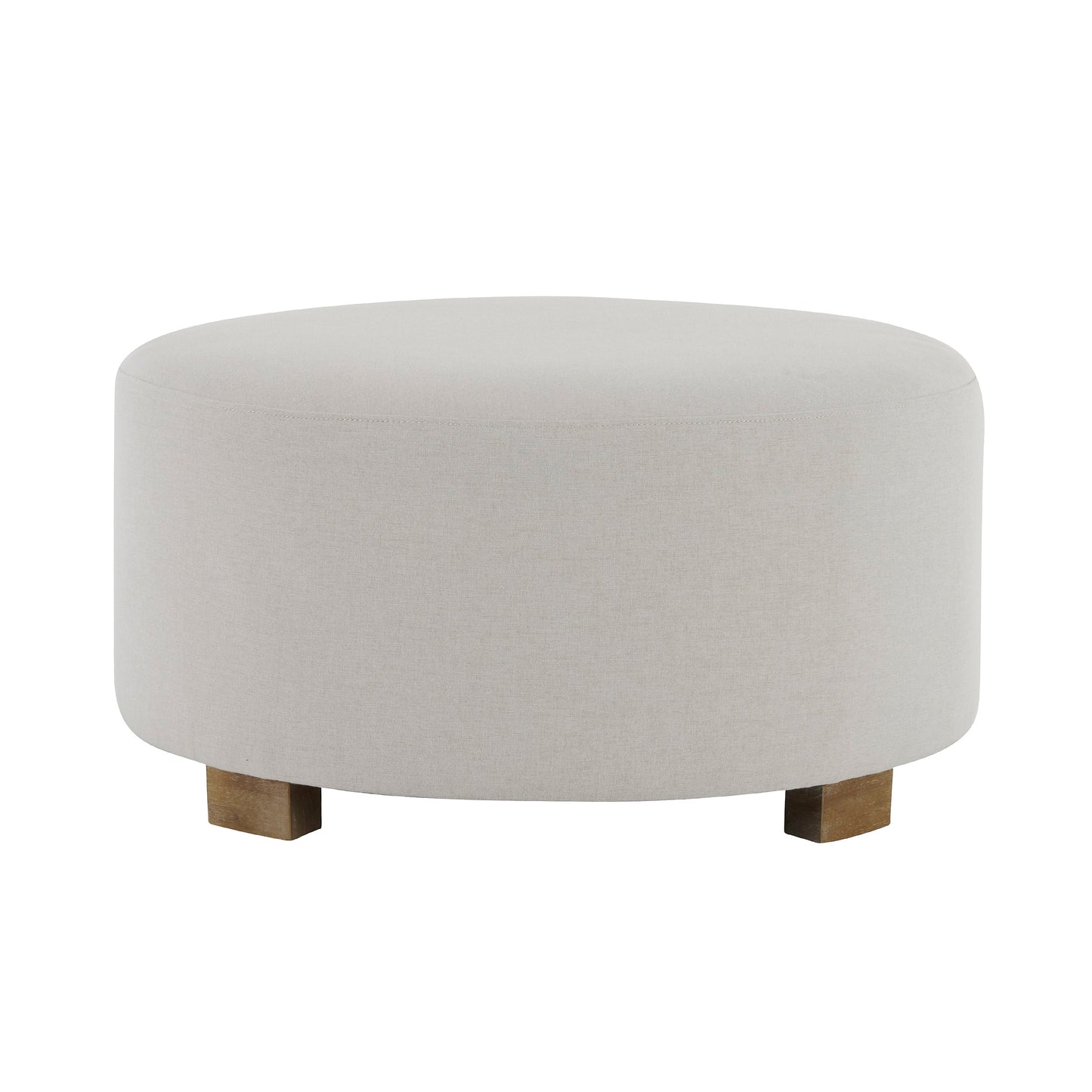 White Fabric Round Ottoman with Wooden Legs