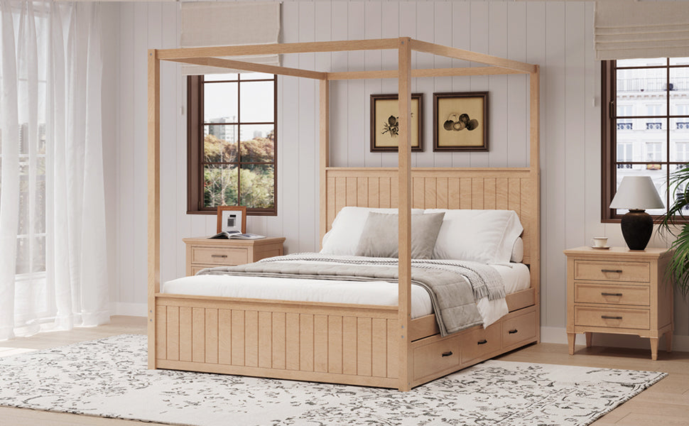 Queen Size Canopy Bed with Trundle and Storage