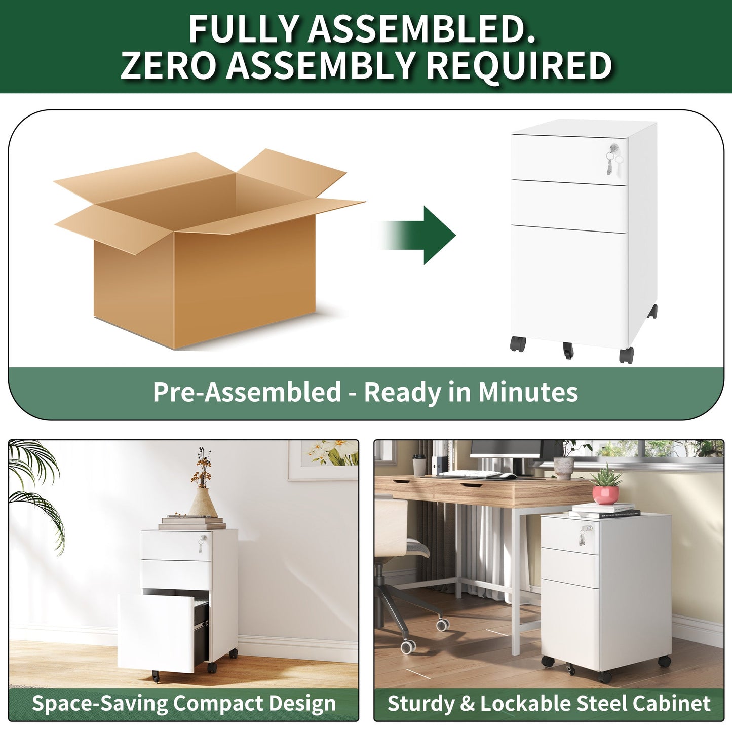 3-Drawer Mobile File Cabinet with Lock