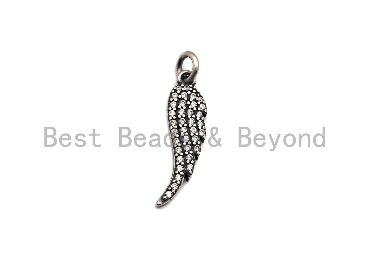 Rhidium CZ Micro Pave Angel Wing Pendant/Charm, Antique Silver Color Wing, Cubic Zirconia Pendant Charm, 6x23mm,sku#X116