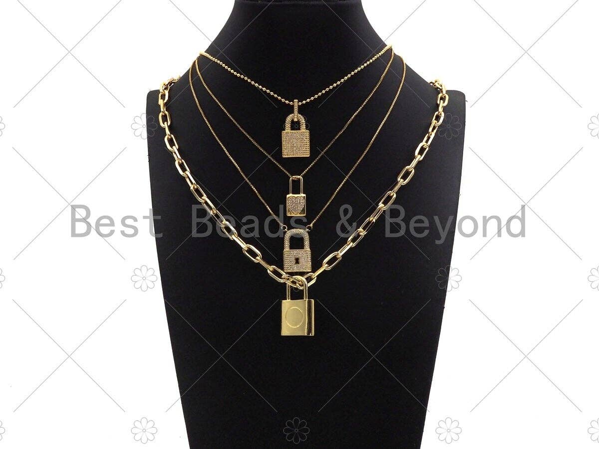 CZ Micro Pave Lock Shape Pendant,Cubic Zirconia Gold Charm,Necklace Bracelet Charm Pendant,12x24mm/16x25mm/26x32mm/23x38mmmm,Sku#LK288