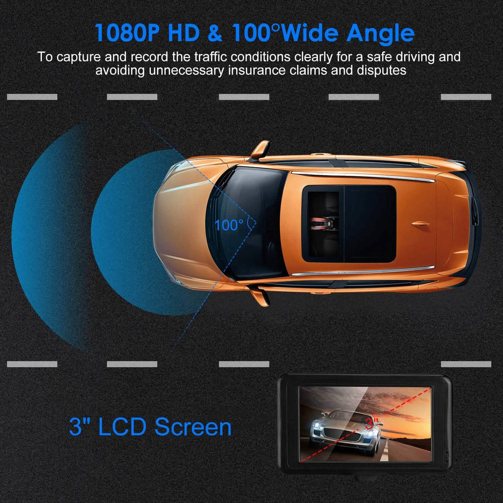 1080P 車載DVR 3インチカメラ ダッシュカム 100°視野角 ループ録画 動体検知