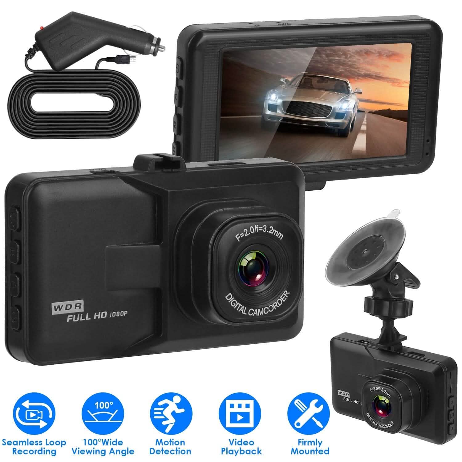 1080P 車載DVR 3インチカメラ ダッシュカム 100°視野角 ループ録画 動体検知