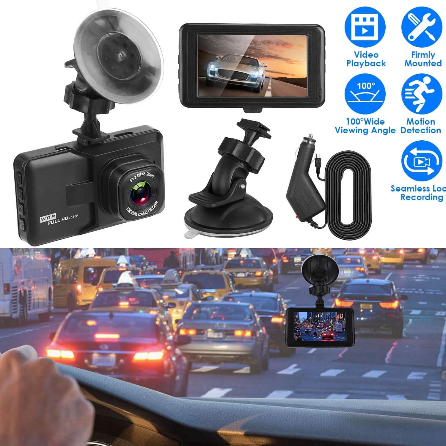 1080P 車載DVR 3インチカメラ ダッシュカム 100°視野角 ループ録画 動体検知