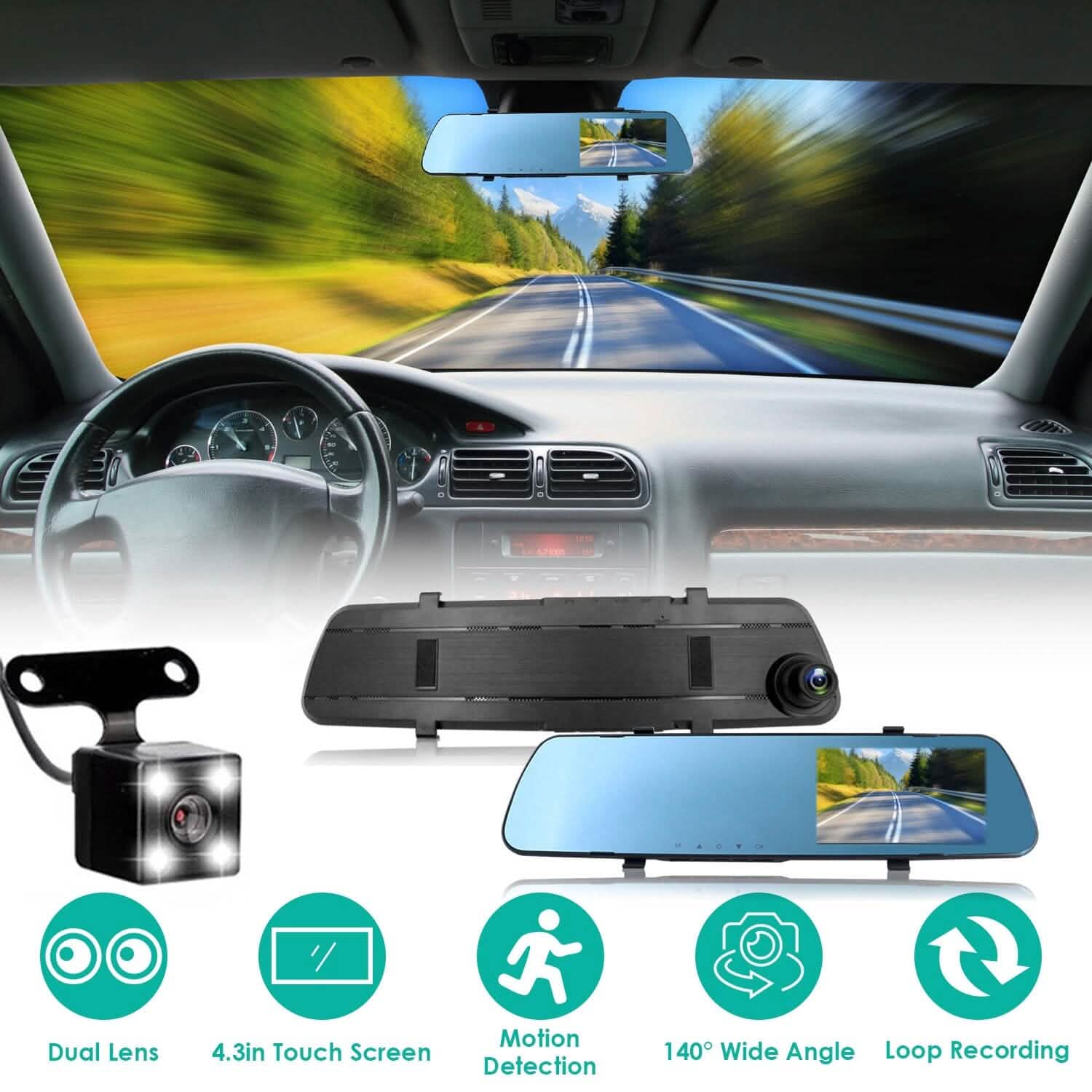 DVR de voiture 1080p, dashcam 4,3 pouces avec angle de 140° et enregistrement en boucle