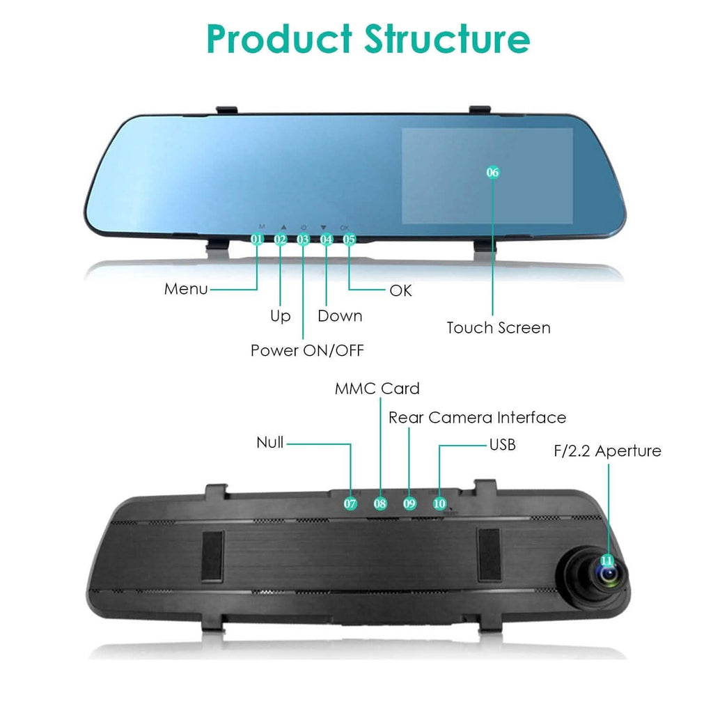 DVR de voiture 1080p, dashcam 4,3 pouces avec angle de 140° et enregistrement en boucle