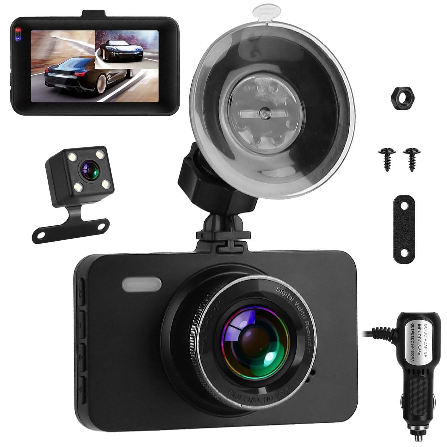 Dashcam double 1080p, écran 3" avec caméra avant et arrière, capteur G, détection de mouvement, vision nocturne, enregistrement en boucle