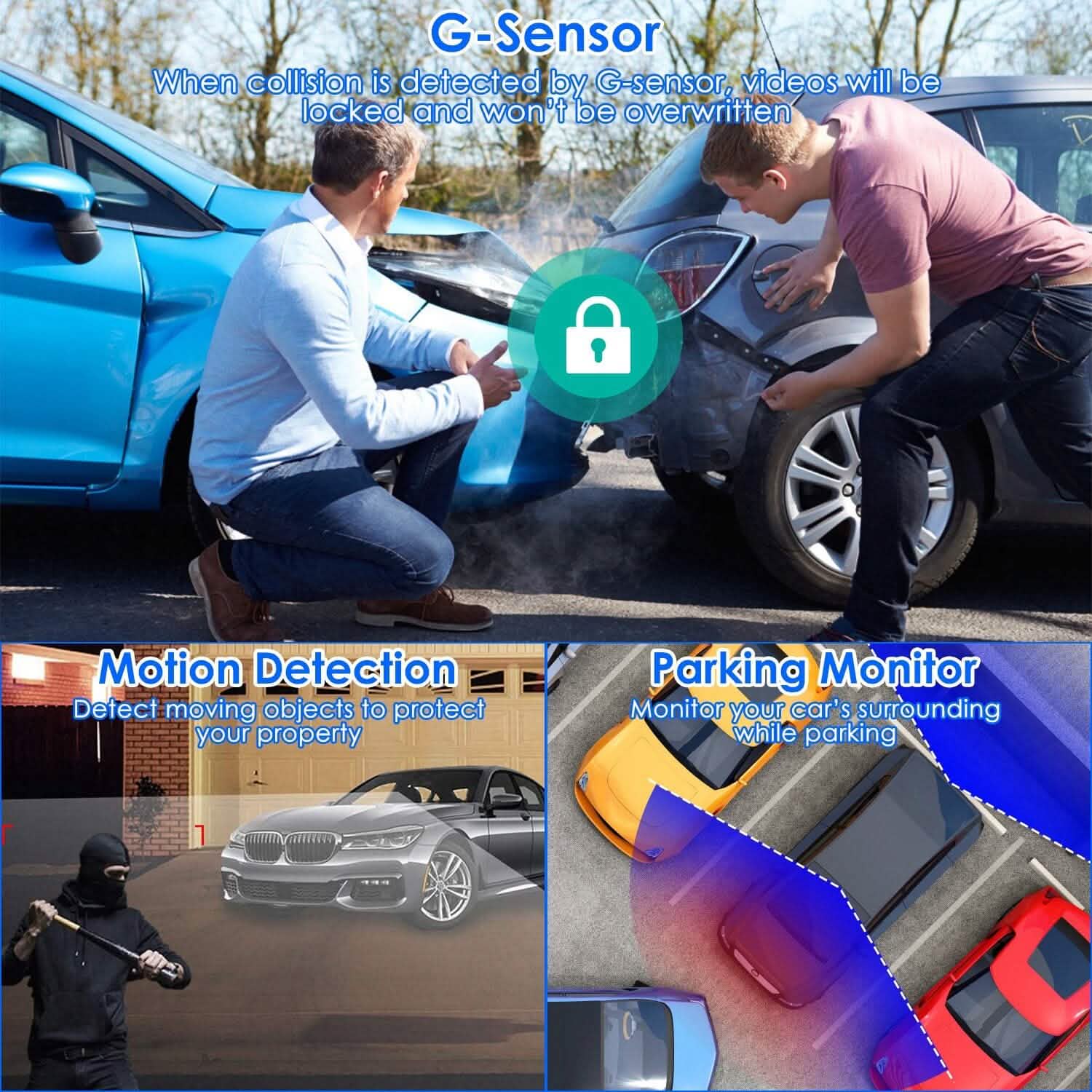 Dashcam double 1080p, écran 3" avec caméra avant et arrière, capteur G, détection de mouvement, vision nocturne, enregistrement en boucle