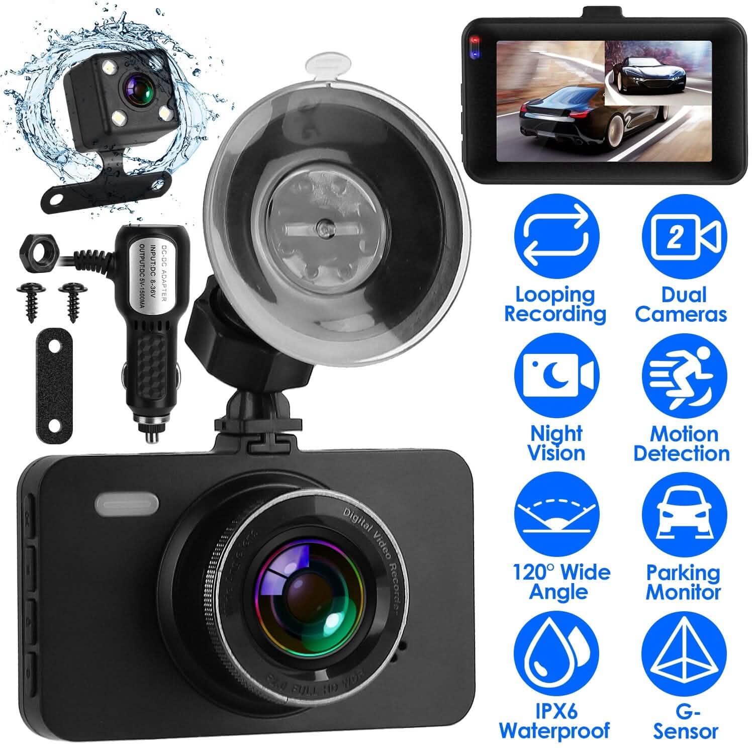 Dashcam double 1080p, écran 3" avec caméra avant et arrière, capteur G, détection de mouvement, vision nocturne, enregistrement en boucle