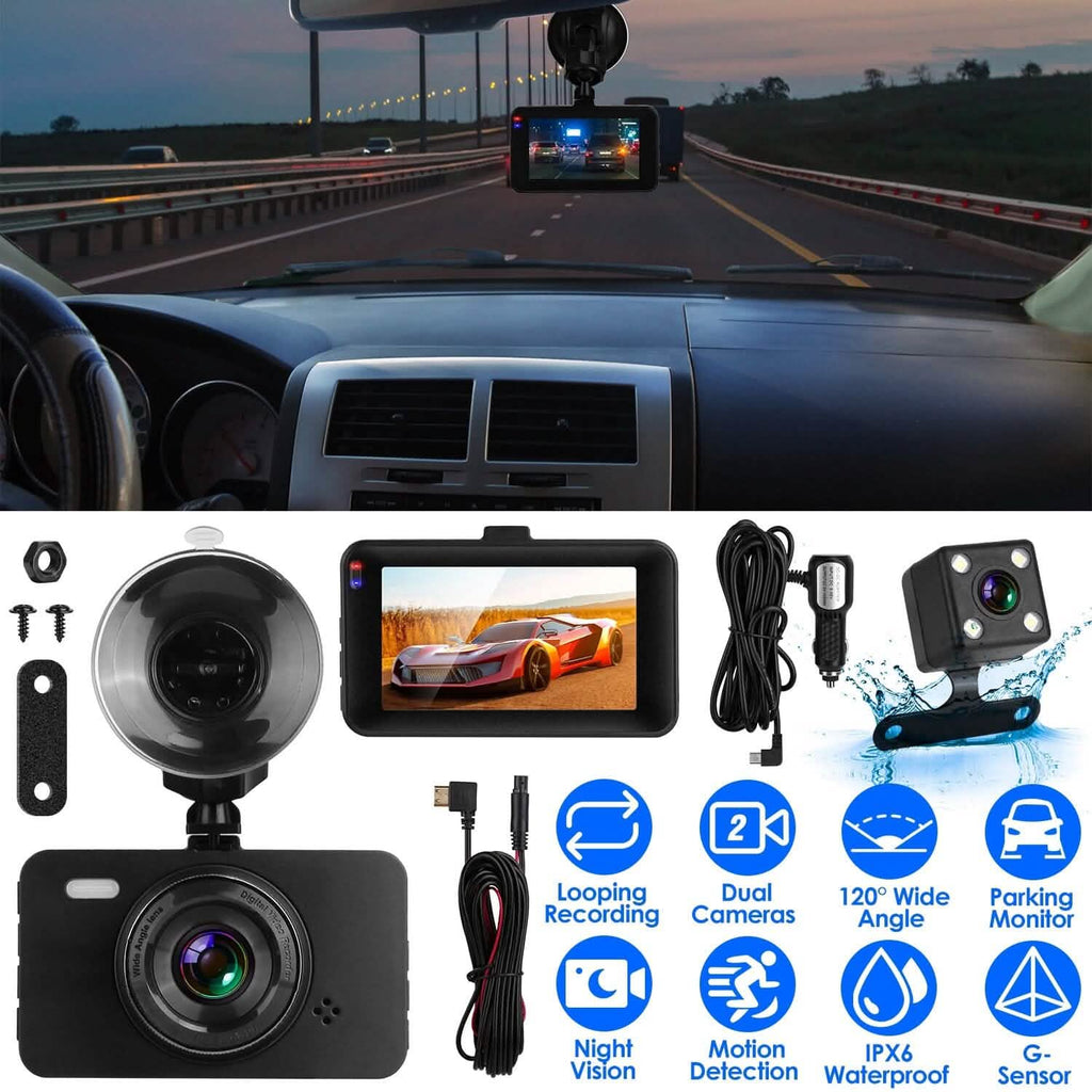 Dashcam double 1080p, écran 3" avec caméra avant et arrière, capteur G, détection de mouvement, vision nocturne, enregistrement en boucle