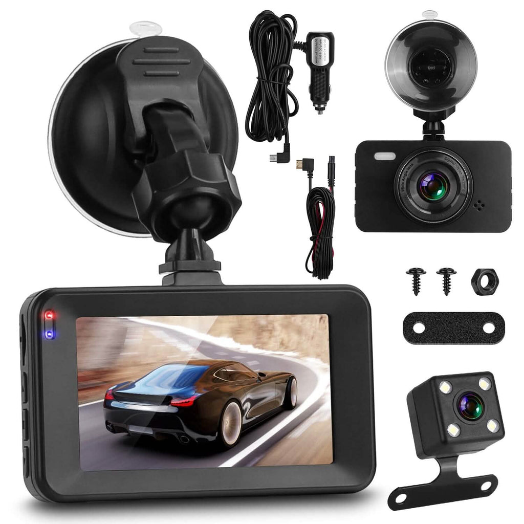 Dashcam double 1080p, écran 3" avec caméra avant et arrière, capteur G, détection de mouvement, vision nocturne, enregistrement en boucle