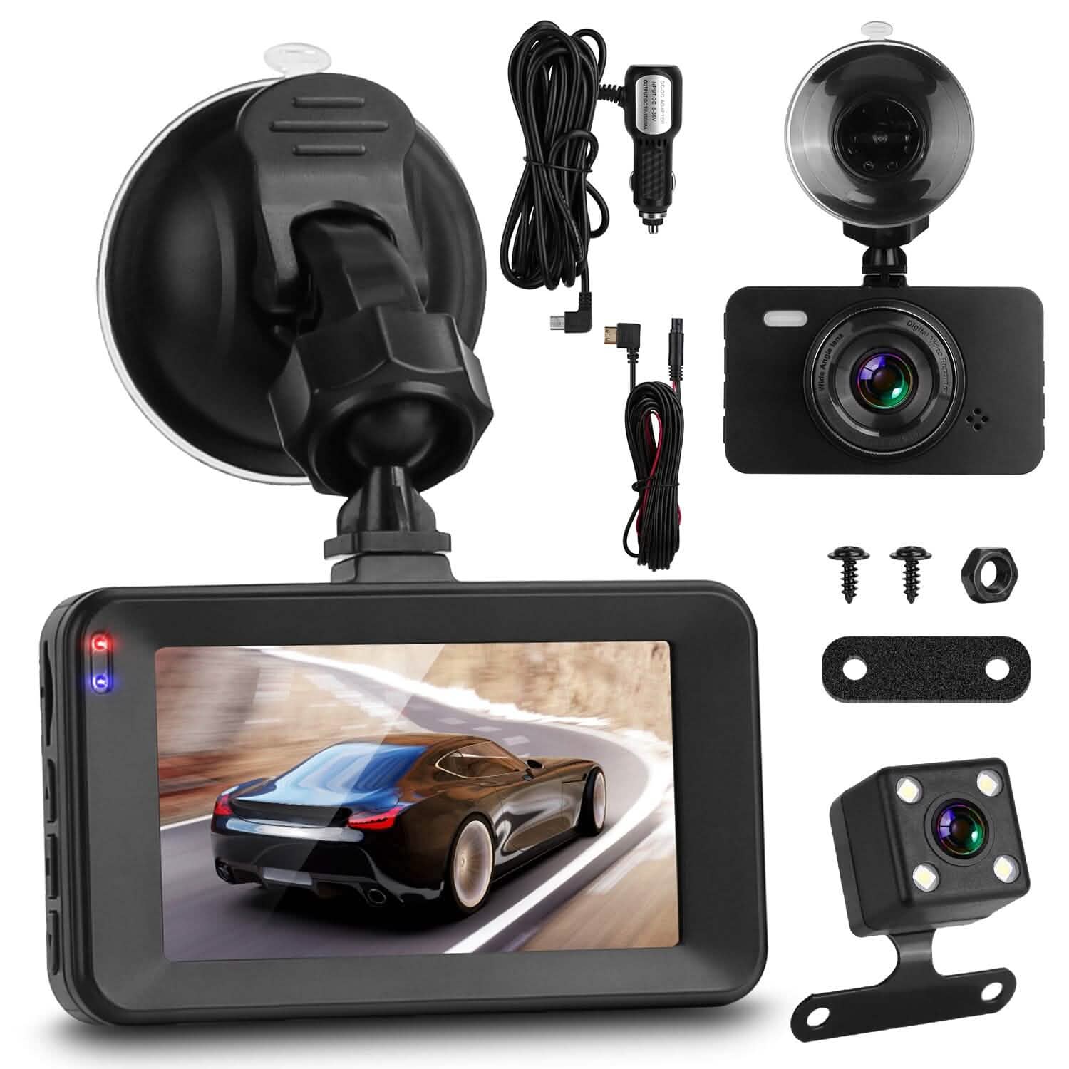 Dashcam double 1080p, écran 3" avec caméra avant et arrière, capteur G, détection de mouvement, vision nocturne, enregistrement en boucle