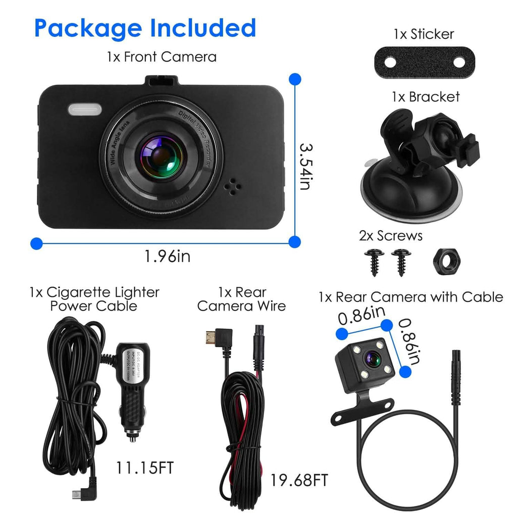 Dashcam double 1080p, écran 3" avec caméra avant et arrière, capteur G, détection de mouvement, vision nocturne, enregistrement en boucle