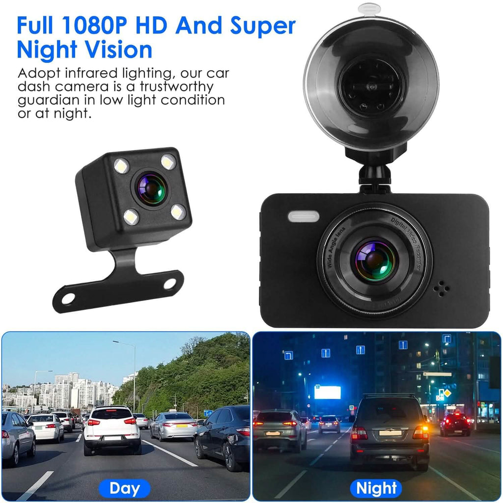 Dashcam double 1080p, écran 3" avec caméra avant et arrière, capteur G, détection de mouvement, vision nocturne, enregistrement en boucle