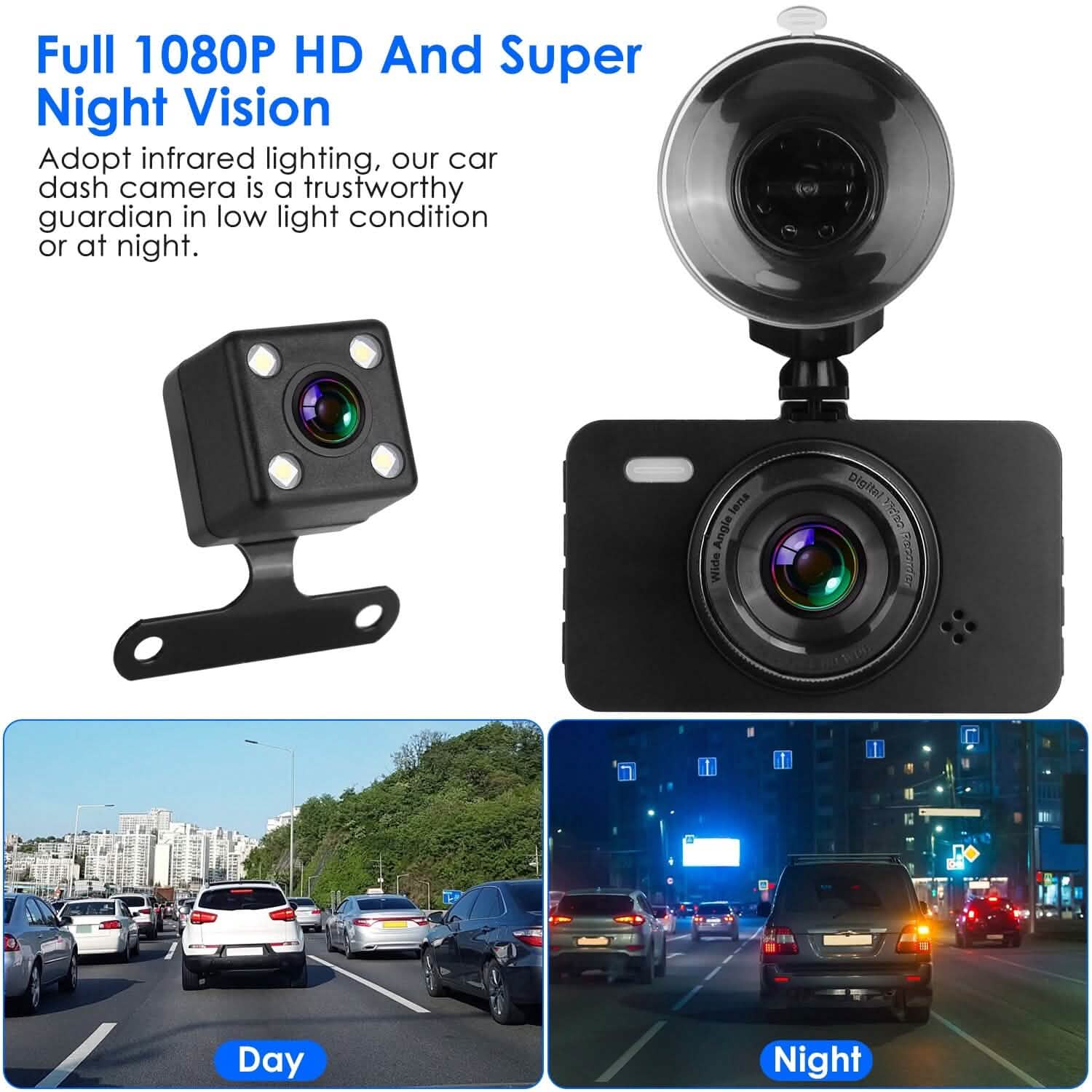 Dashcam double 1080p, écran 3" avec caméra avant et arrière, capteur G, détection de mouvement, vision nocturne, enregistrement en boucle
