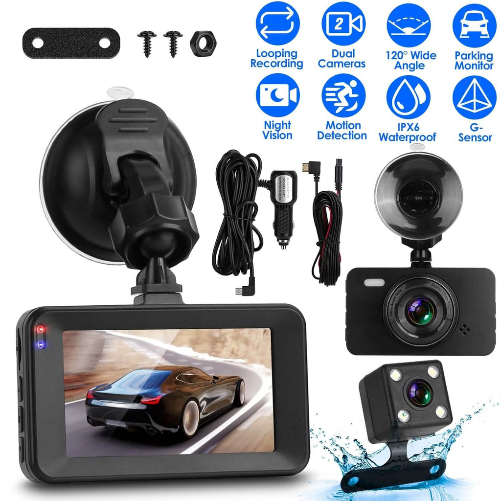 Dashcam double 1080p, écran 3" avec caméra avant et arrière, capteur G, détection de mouvement, vision nocturne, enregistrement en boucle