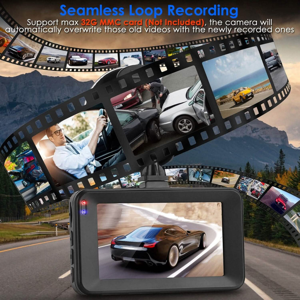 Dashcam double 1080p, écran 3" avec caméra avant et arrière, capteur G, détection de mouvement, vision nocturne, enregistrement en boucle