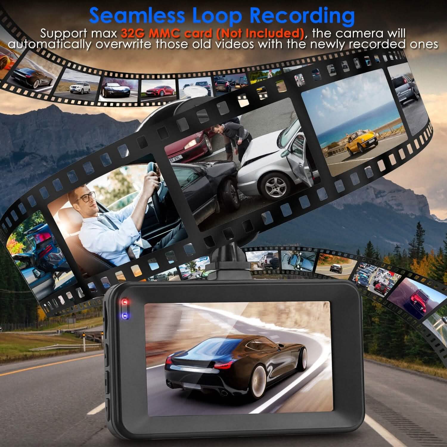 Dashcam double 1080p, écran 3" avec caméra avant et arrière, capteur G, détection de mouvement, vision nocturne, enregistrement en boucle