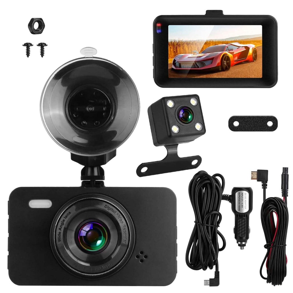 Dashcam double 1080p, écran 3" avec caméra avant et arrière, capteur G, détection de mouvement, vision nocturne, enregistrement en boucle