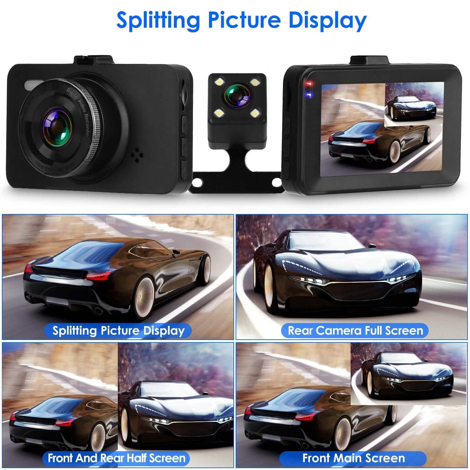 Dashcam double 1080p, écran 3" avec caméra avant et arrière, capteur G, détection de mouvement, vision nocturne, enregistrement en boucle