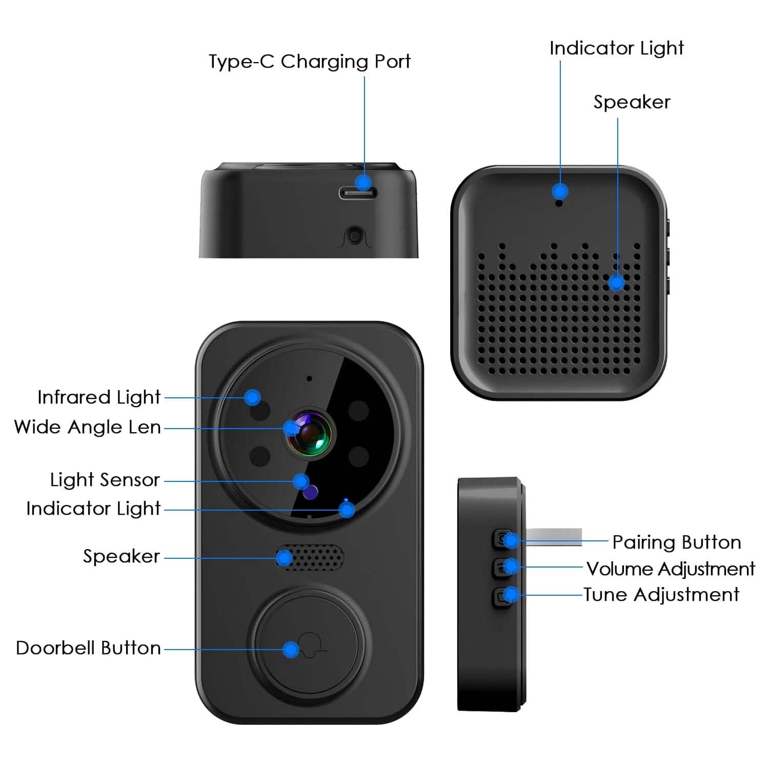 Caméra de sonnette de sécurité WiFi 1080P Audio bidirectionnel Stockage Cloud gratuit