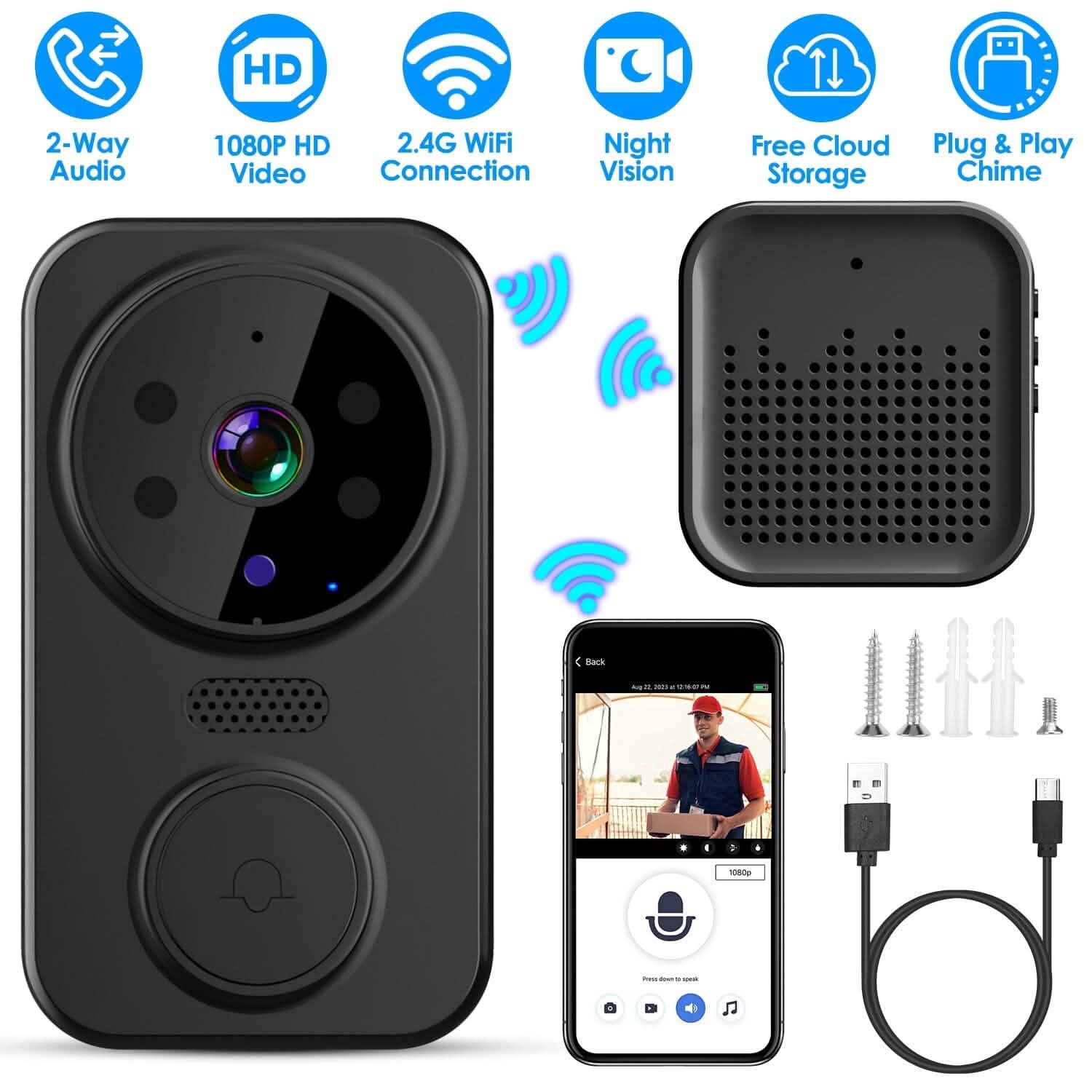 Caméra de sonnette de sécurité WiFi 1080P Audio bidirectionnel Stockage Cloud gratuit