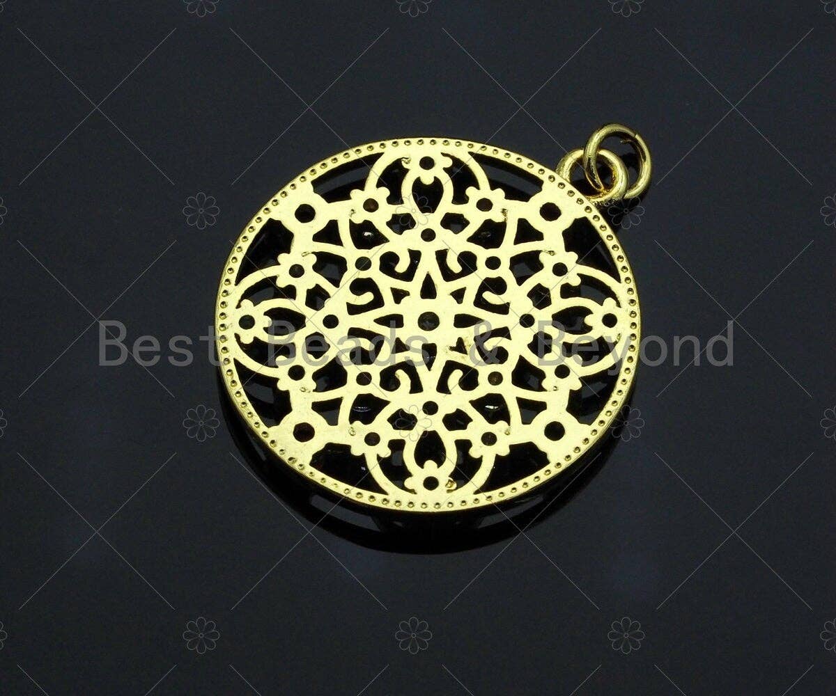 Gold Colorful Charms, Colorful Filigree Charms, Multi-Color Round Pendant, Gold Charm, Gold Pendant, Necklace Charms, 25x28mm, Sku#LK99