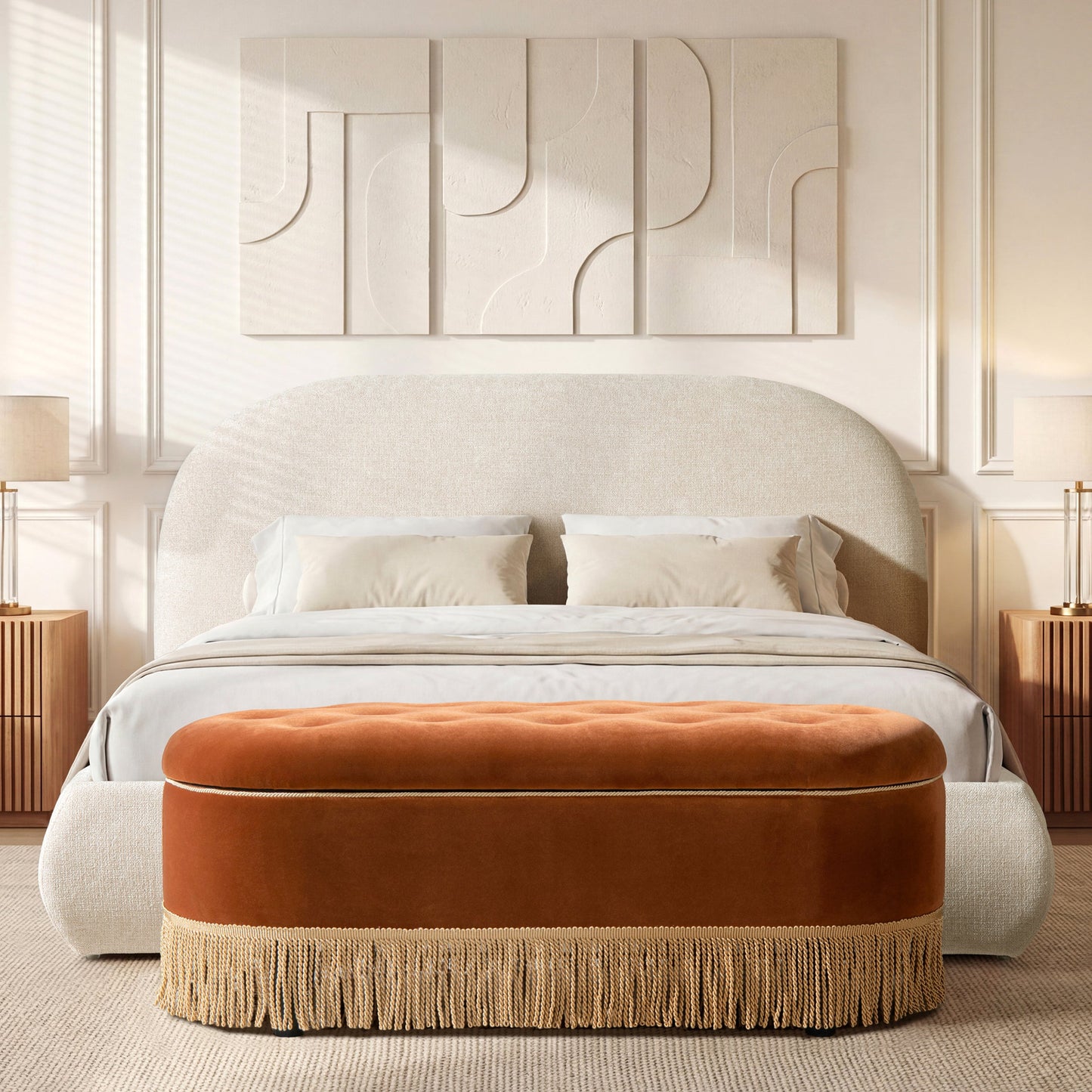 Archie Puffy Grounded Upholstered Platform Bed Queen, Oatmeal Light