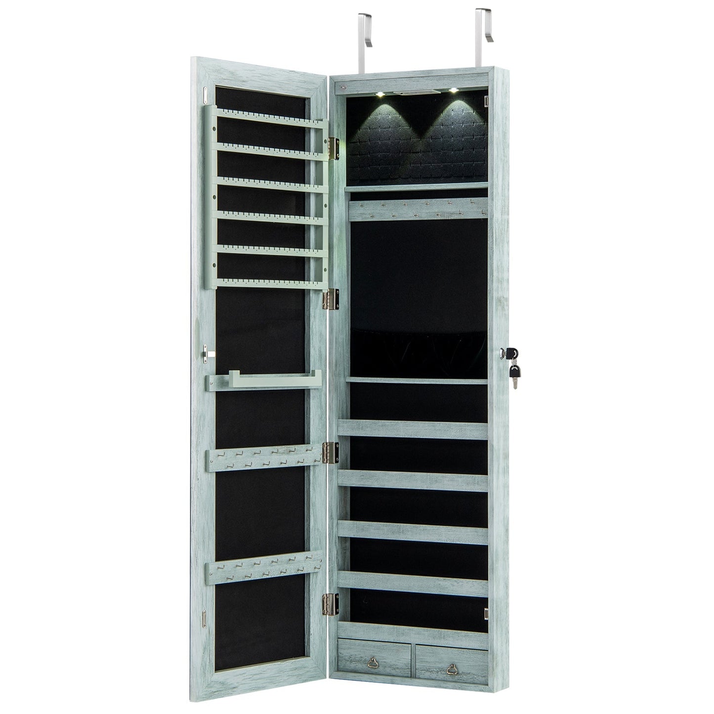 Wall and Door Mounted Mirrored Jewelry Cabinet with Lights