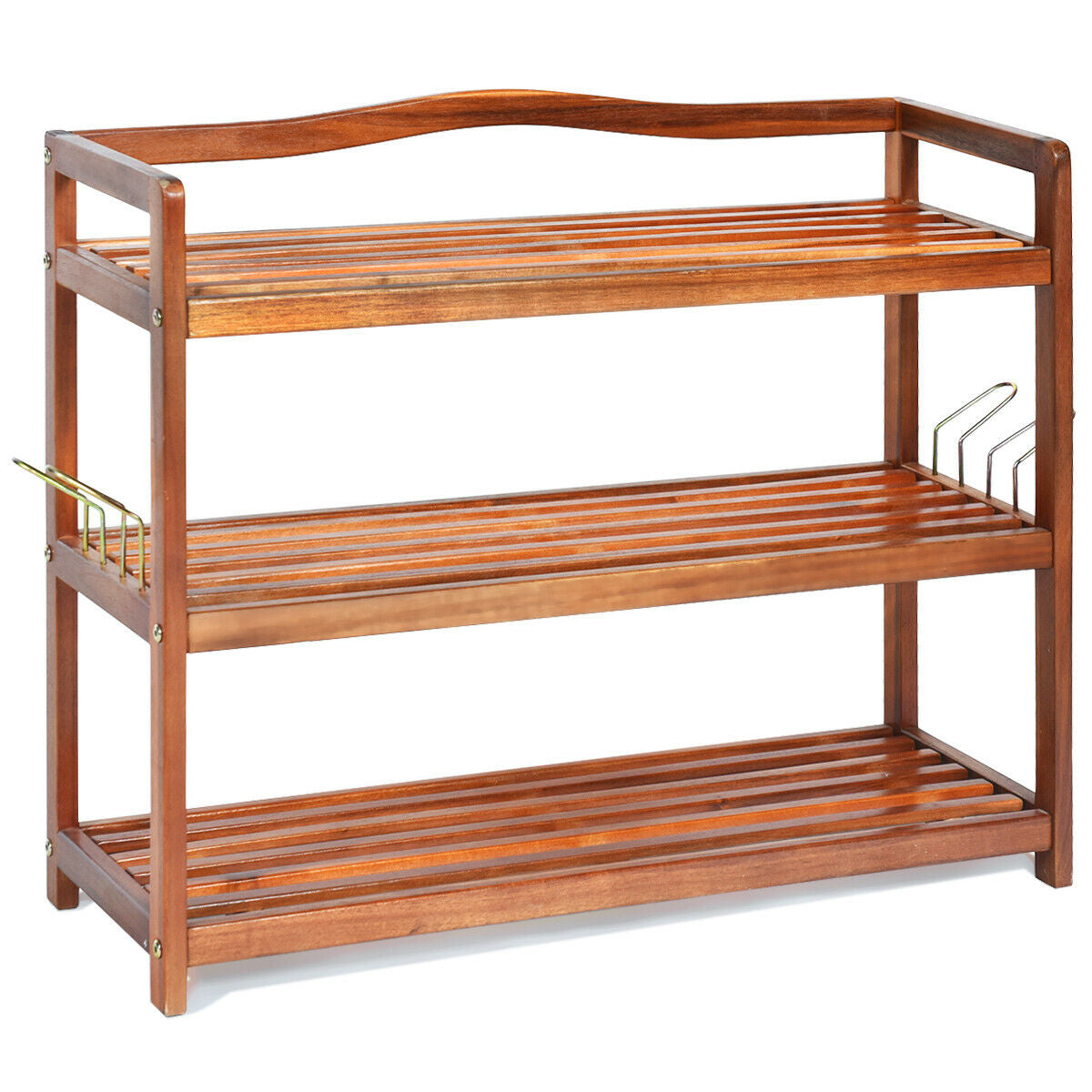 2-Tier Acacia Wood Shoe Rack with 4 Side Metal Hooks