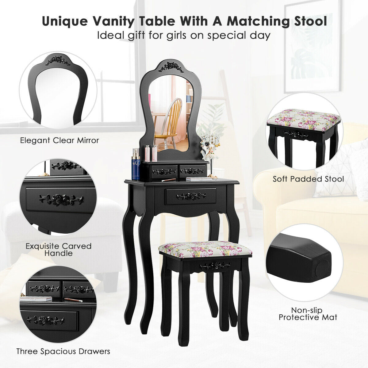 Makeup Dressing Table and Bench 3 Drawers and Cushioned Stool for Girls