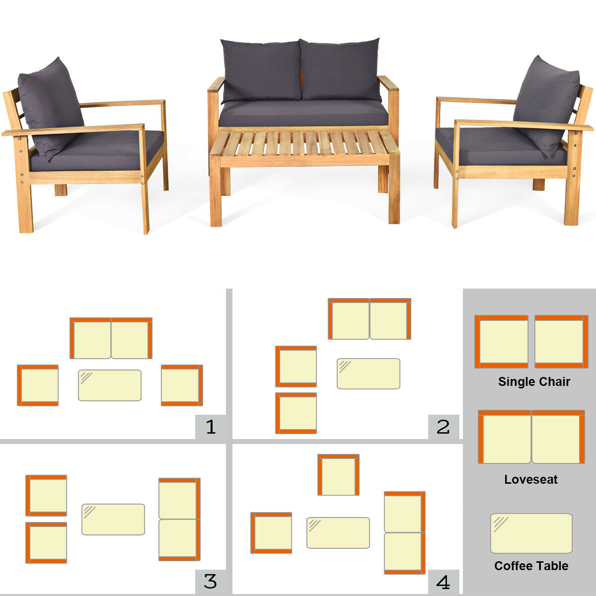 Outdoor 4 Pieces Acacia Wood Chat Set with Water Resistant Cushions
