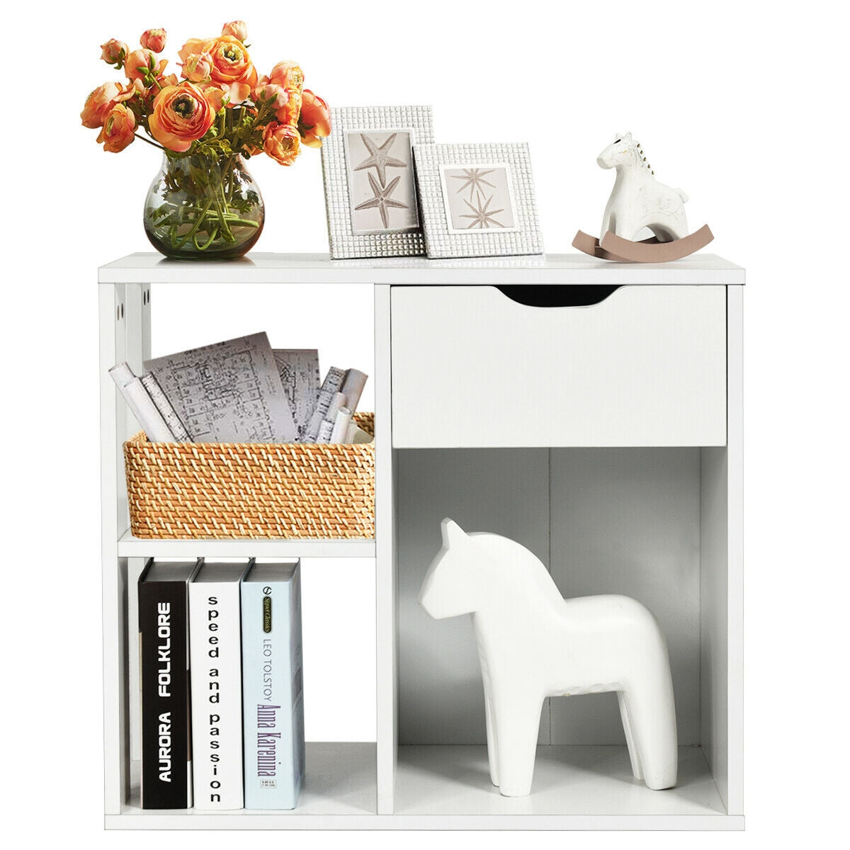 3-Cube Bookcase 2-tier Wooden Storage Shelf with Pull-out Drawer-Brown