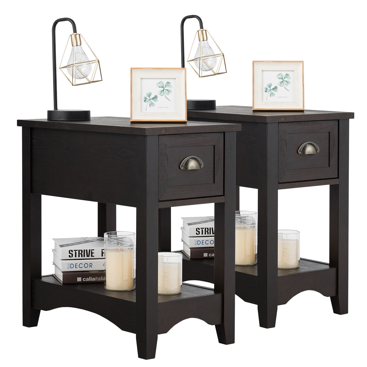 2 Pieces Retro Narrow Tiered End Table with Drawer and Storing Shelf