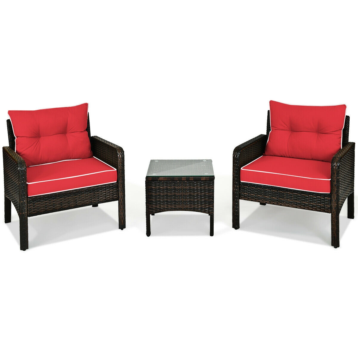 3 Pcs Outdoor Patio Rattan Conversation Set with Seat Cushions-Black