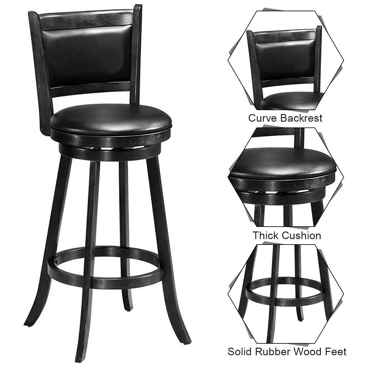 Set of 2 29 Inch Swivel Bar Height Stool Wood Dining Chair Barstool