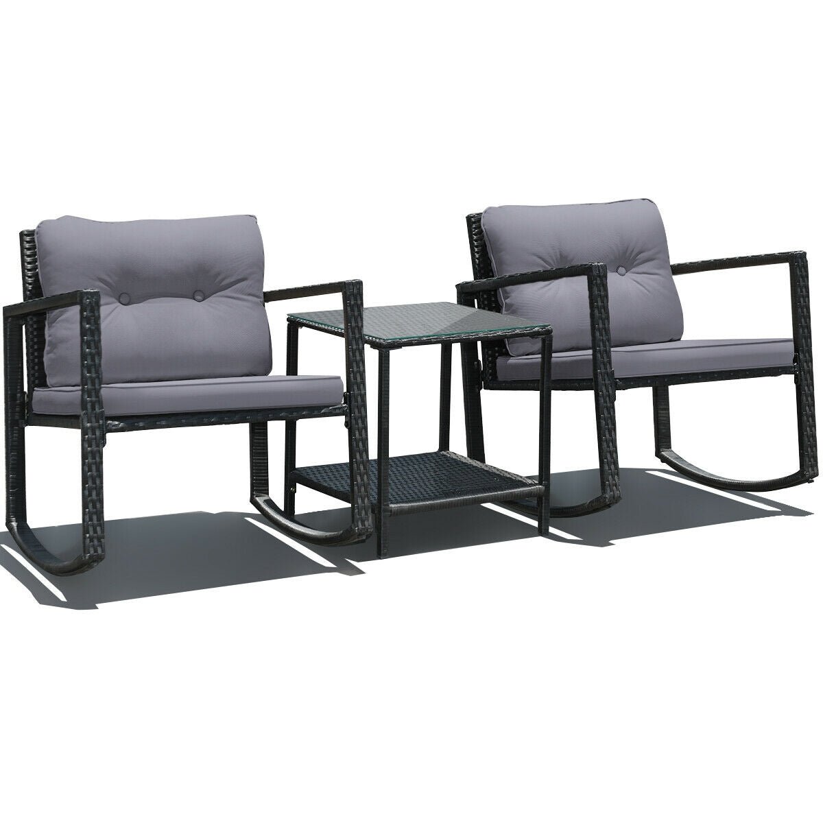 3 Pieces Cushioned Patio Rattan Set with Rocking Chair and Table-Black